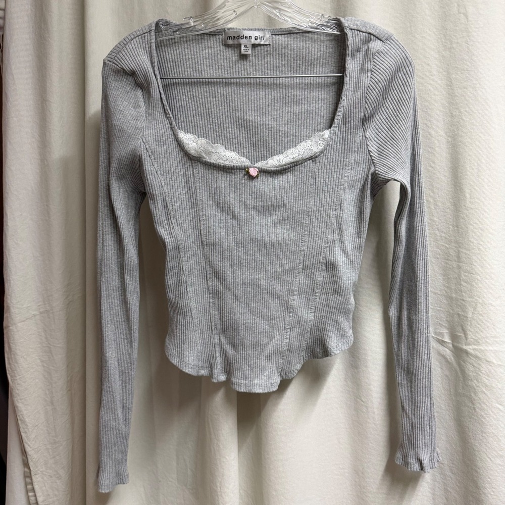 Madden Girl Y2K Gray Ribbed Lace Trim Rosette Long Sleeve XL Coquette Balletcore